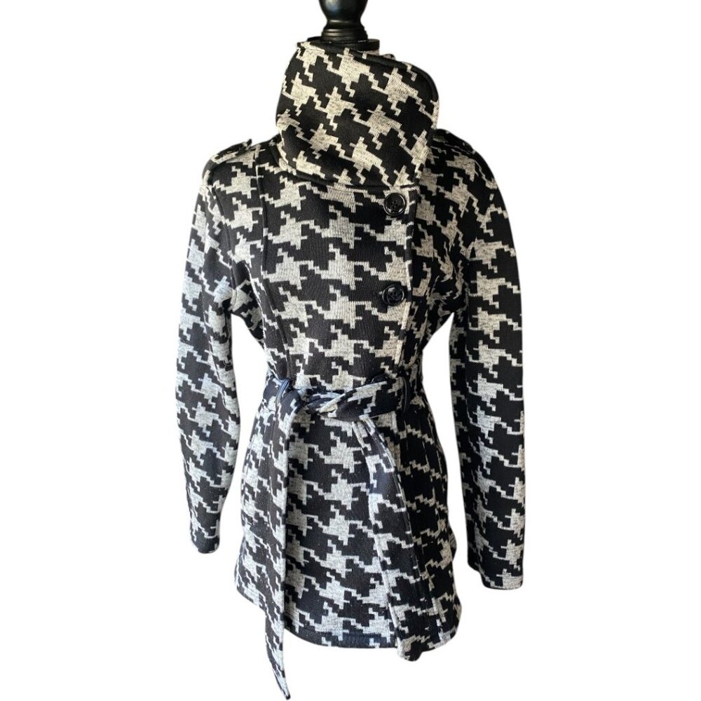 TripleStar Black Gray Sweater Knit Houndstooth Belted Fleece Lined Peacoat Jrs L